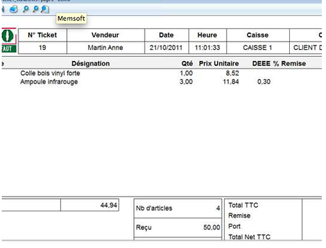 Memsoft TPV Oxygne : ticket de caisse