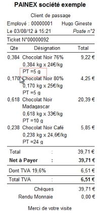 Ticket de caisse avec indications de poids et de tare