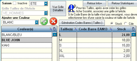 Fiche article avec gestion des tailles et des couleurs