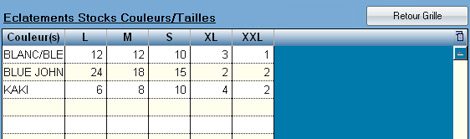 grille de tailles et de couleurs d'une fiche article d'A2GI-Caisse *