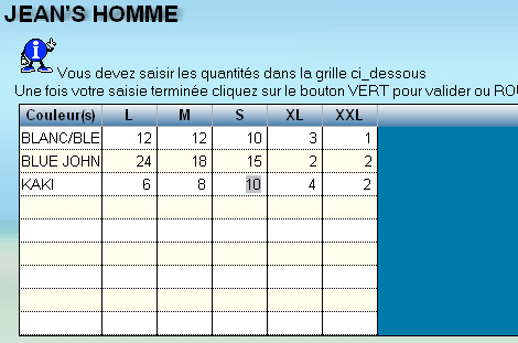 Saisie des quantits livres en tailles et en couleurs