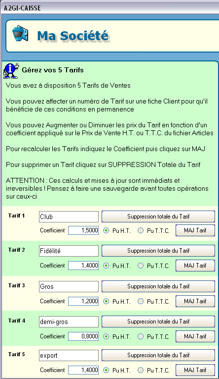 Paramtrage des cinq tarifs de vente