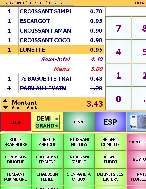 logiciel de caisse aliris: l'écran de vente