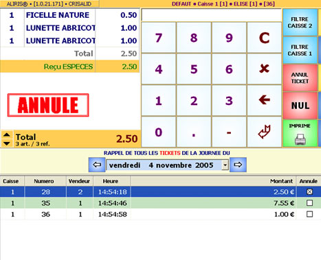 aliris: rappel d'un ticket de caisse