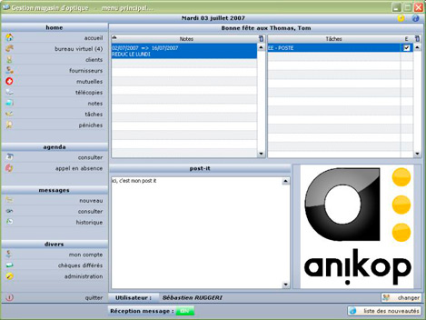 Menu principal du Logiciel Anikop Gestion magasin d'optique