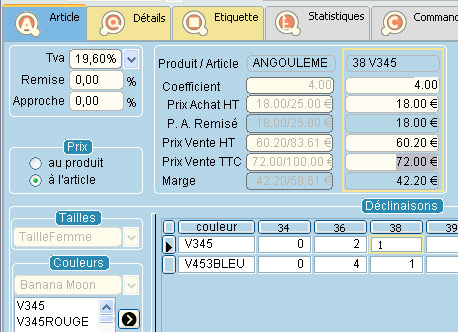 prix par dclinaison taille/couleur