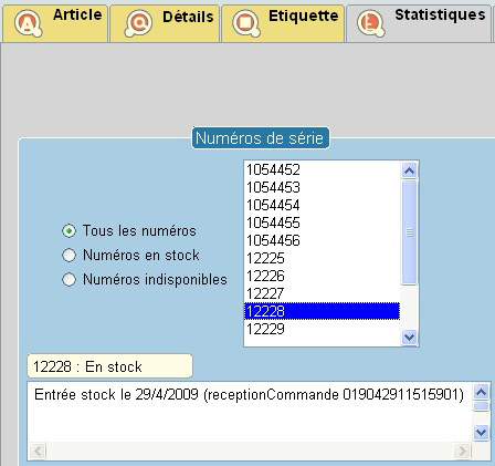 Fiche d'article avec numro de srie