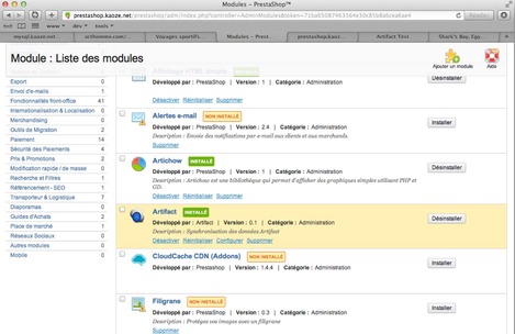 Module d'Artifact intgr  Prestashop