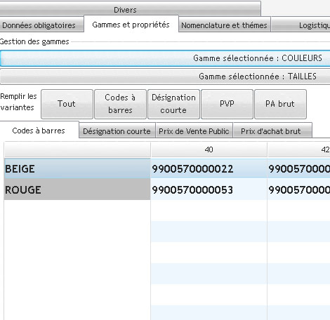 Code-barres de chaque couple taille/couleur d'un article