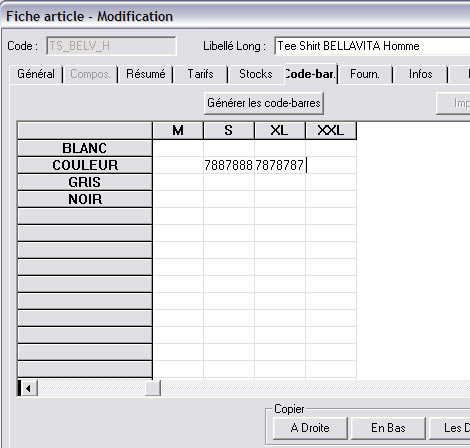 ciel point de vente : code-barre pour chaque taille/couleur d'un article