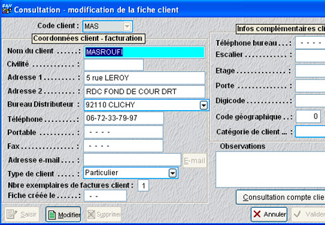 Une fiche client de ConviSAV