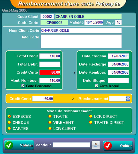 Gestmag : Impression d'une carte prpaye - Remboursement de solde, recharge, blocage d'une carte (30) -- 04/08/06