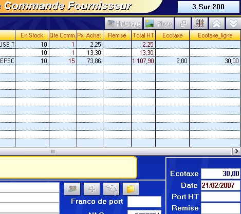 commande fournisseur avec stock en cours et cotaxe