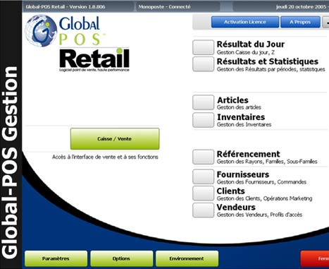 logiciel de caisse globalpos : menu principal