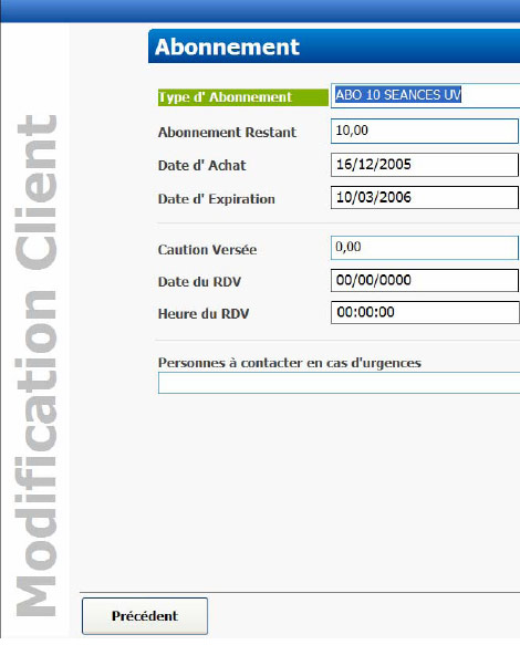 Informations d'abonnement de la fiche client