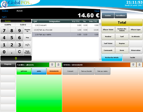 Ecran de caisse de GlobalPos Cash Ecran de caisse de GlobalPos Cash