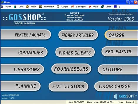 logiciel de caisse gosshop : menu principal