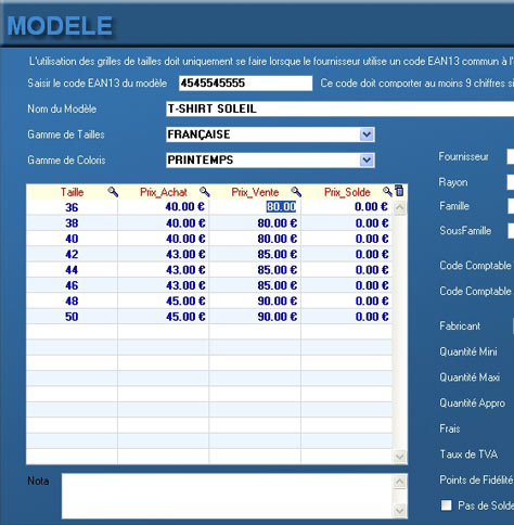 logiciel de caisse gosshop : tailles et couleurs