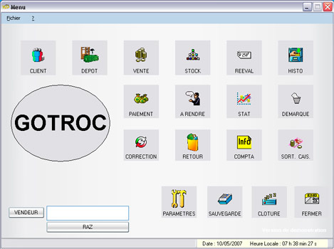 Menu gnral du logiciel de dpt-vente Gotroc