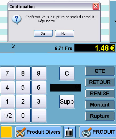 Rupture de stock dfinie dans l'cran de caisse