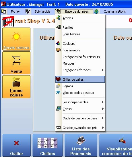 logiciel de caisse front shop : le menu