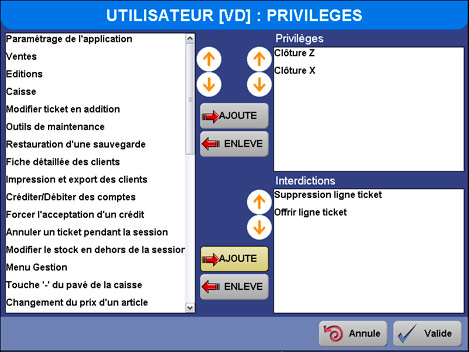 Orchestra Point de Vente : Droits d'accs d'un utilisateur