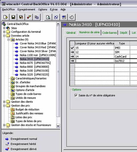 JCash : fiche article avec numros de srie et IMEI