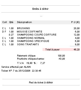 Winhair : ticket de caisse