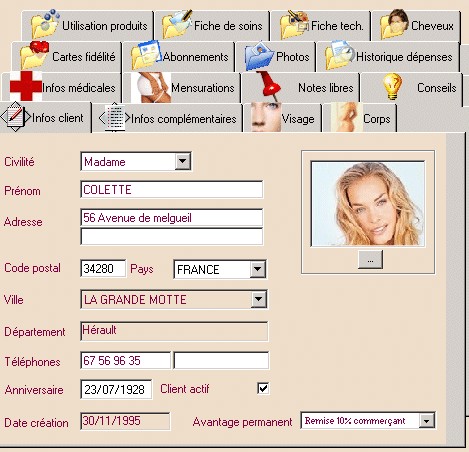 Winhair : fiche client avec photo